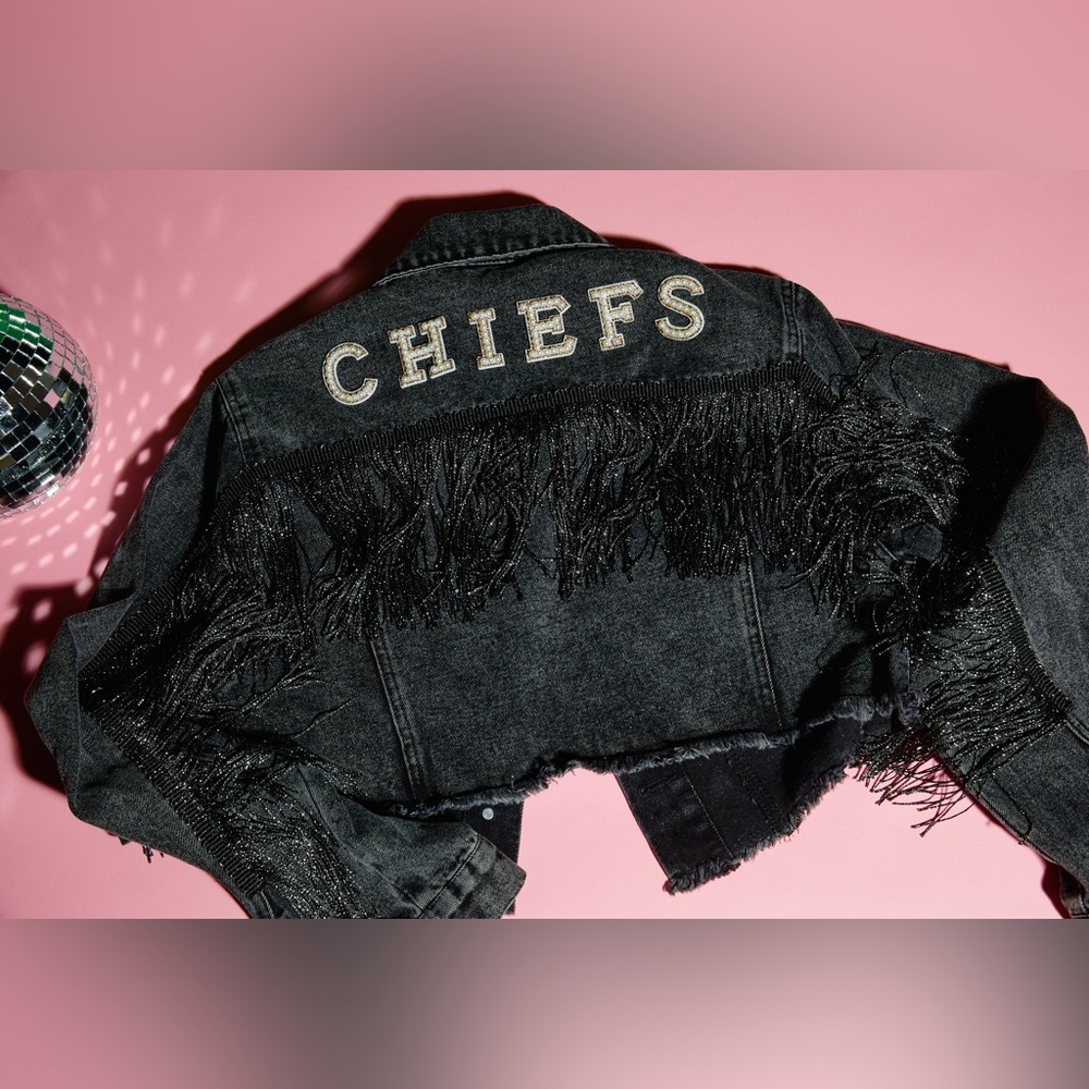 Kansas City Chiefs Custom Denim Fringe Jacket in black